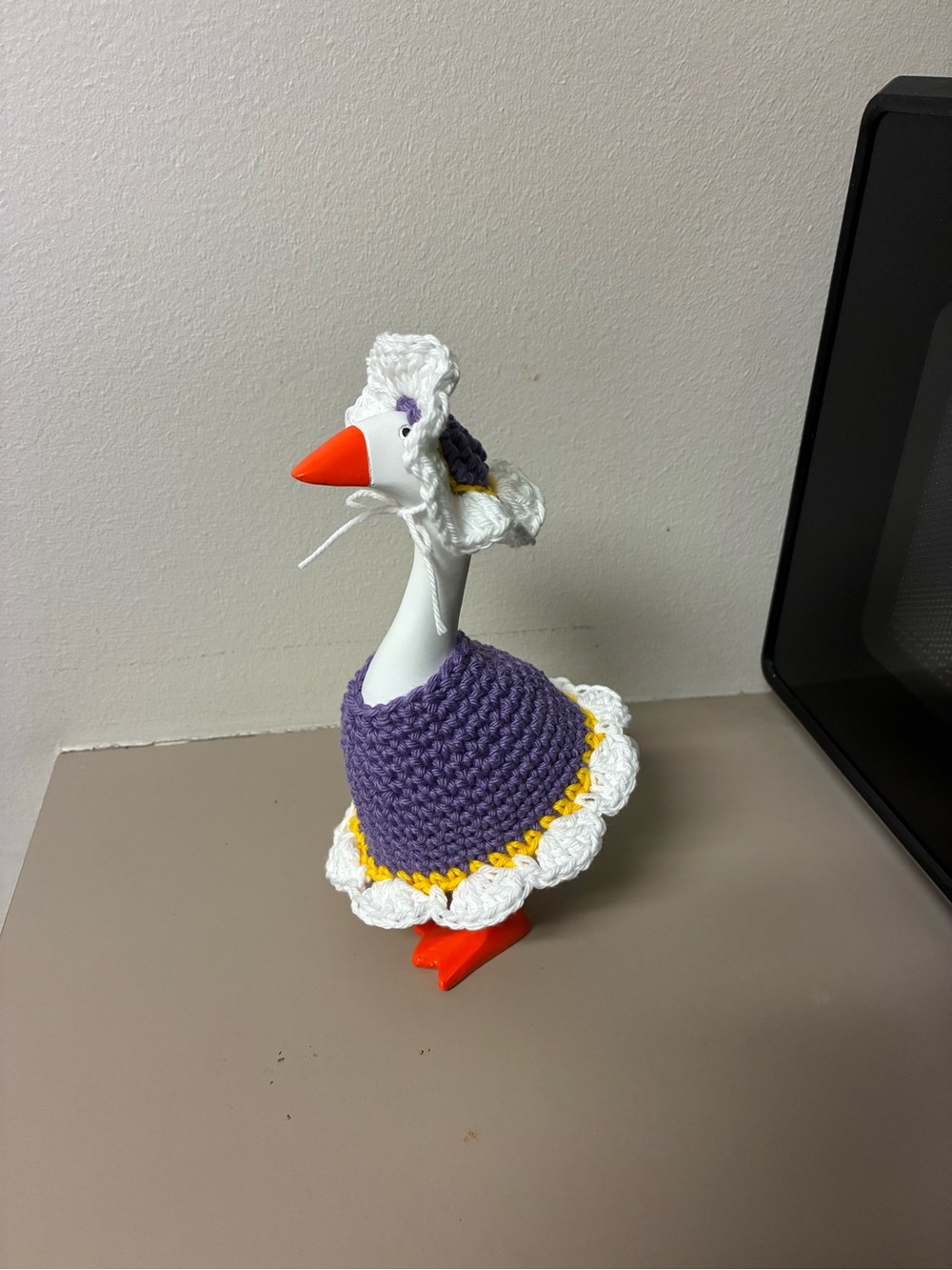 Handmade Crochet Purple desk Goose outfit with White & Yellow Trim